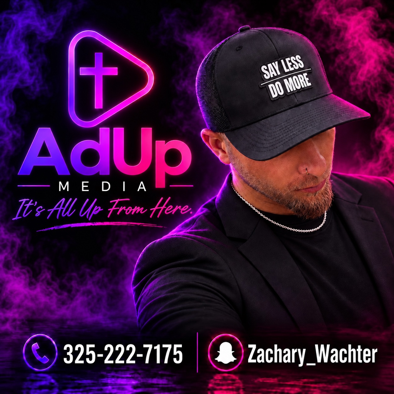 AdUp Media’s purple and pink cross-and-play logo with owner Zachary Wachter